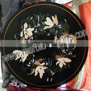 Pietre Dure Inlay Marble Coffee Table Top, Round Black Pietra Dura Table Top thumbnail-1