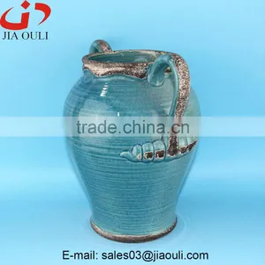 Antique Style Large Chinese Blue Ceramic Tall Floor Vase With Handle thumbnail-1