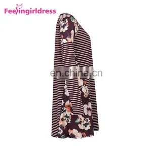 Autumn Red Latest Designs Fashion Print Loose T-Shirt Long Sleeve Casual Dress thumbnail-4