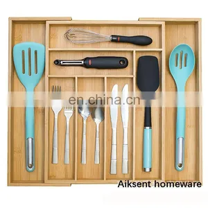 8 Expandable Compartments Bamboo Utensil Spoon Holder With Divider for Kitchen Drawer Silverware Cutlery Tray thumbnail-1