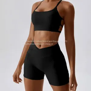 Wholesale Fitness Yoga Wear 2 Piece Active Wear Set Women Gym Multi Strap Open Back Sports Bra Front Cross Over Mini Shorts Set thumbnail-4