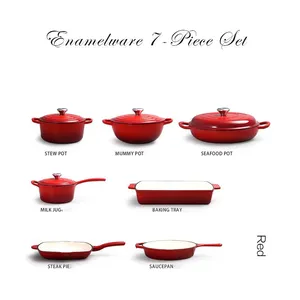 7 Piece Cast Iron Enameled Cookware Set - Red, RDO, Braiser, Skillet, Square Skillet Grill & Rect. Roaster) thumbnail-3