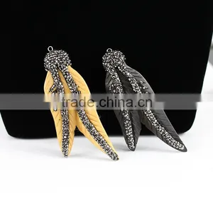 PC1603 Carved Ox Bone Leaf Feather Pendant With Crystal Zircon Pave, Long Textured Feather Necklace Pendant thumbnail-1