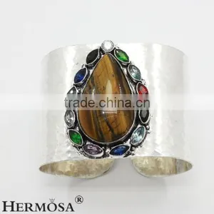 Exclusive Natural Stone Tiger's Eye 925 Sterling Silver Gemstone Wide Band Cuff Bangle thumbnail-2
