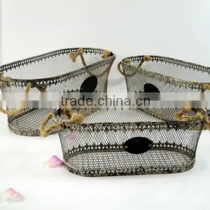 Shabby and Chic Decorative Metal Basket With Wicker Hanging thumbnail-1