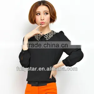 Black Long Sleeve Chiffon t Shirts With Collars thumbnail-1
