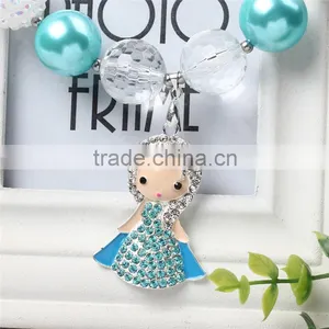 Blue Neckalce With Cute Girl Doll and Satin Bow Flower Hairband Wholesale Baby Girls Chunky Necklace and Hairband thumbnail-2