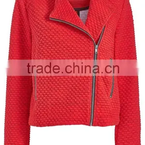 Red Textured Autumn Long Sleeve Zipper Front Biker Jacket thumbnail-3