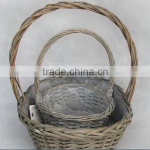 100%Handmade Natural Plastic Lined Grey Wicker Flower Plant Pot Flower Plant Basket With Handle thumbnail-2