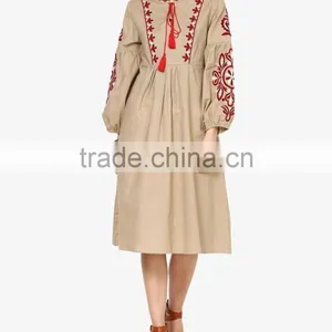 Boho Ukrainian Designs Beige Embroidered Shift Dress Bohemian Clothing Style Long Sleeve Maxi Dress HSd5083 thumbnail-2