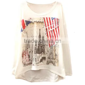 Lady Garment Clothing Manufacturer Long Sleeve Loose Fitting O-neck Shorter Front Printed T-shirt thumbnail-2