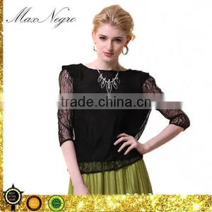 Hot Selling Chiffon Fabric Black T-shirt Fashion Lace Blouse on Sale thumbnail-1