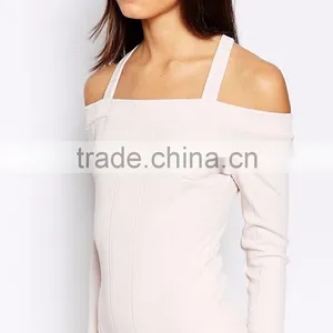 2016 Autumn Long Sleeve Sexy Women Bodysuit Plain White Halter Neck Off Shoulder Leotard In Rib Your Own Brand thumbnail-4