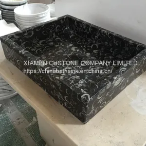 Black Sea Shell Marble Bathroom Vessel Rectangular Sink Black Marble Wash Basin thumbnail-2