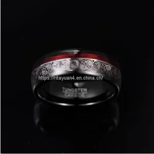 2019 NUNCAD 8mm Wide Tungsten Steel Ring Plating Black Inlay Triple Spiral Pattern+Red Guitar String Tungsten Carbide Ring T229R thumbnail-1
