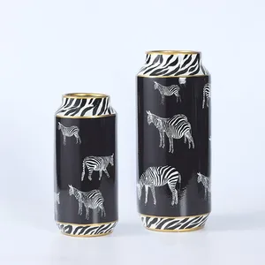 Nordic Style Entry Luxury Black Zebra Painting Cylinder Ceramic Flower Storage Vases With Lid For Home Decoration thumbnail-5