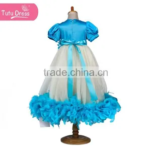 Blue Feather Dresses for Baby Girls 2015 New Design Lace and Feather Kids Dresses thumbnail-3