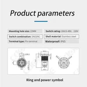 Ip65 22mm Metal and Symbol LED Head Light 1NO1NC 48v Button Power Switch Self Recovery thumbnail-3