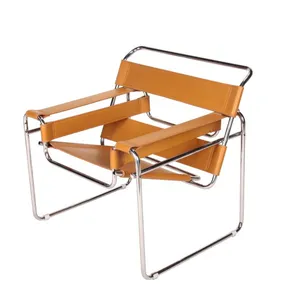 Wassily Chair Marcel Breuer 1925 Replica, Bauhaus Style Cowhide Leather Lounge Chair With Polished Chrome Steel Frame for Home Hotel thumbnail-2