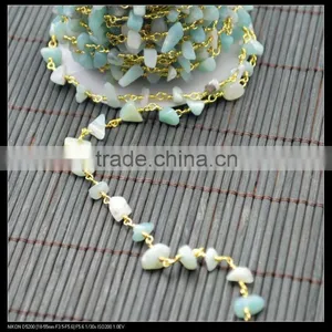 LFD-009C ~ Wholesale Gold Plated Amazonite Stone Chips Beaded Wire Wrapped Rosary Chains Natural Chip Stone Rosary Chains thumbnail-4