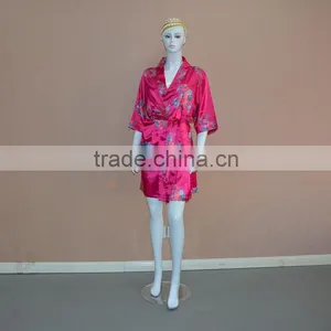Pink Printing Short Sleeve Stretch Satin Silk Bathrobe thumbnail-1