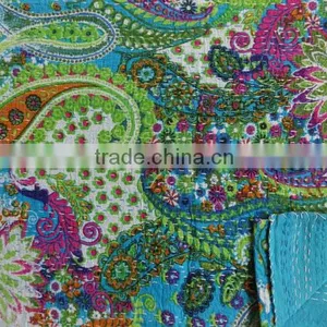 Blue Color Multi Print Paisley Cotton Bedspread, Decorative Queen Size Kantha Quilt, Reversible Indian Bed Cover, Designer Kanth thumbnail-2