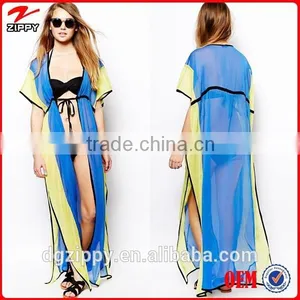 Self-tie Color Block Beach Kaftan Dress Long Chiffon Kaftan thumbnail-1