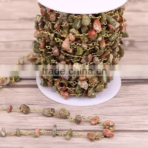 Antique Bronze Plated Brass Hand Wired Unakite Stone Chips Beads Link Rosary Chains Jewelry Findings thumbnail-1
