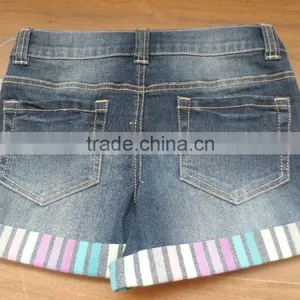 Cotton Polyester Navy Blue Denimn Rhinestone With Contrast Hem Big Girls Fashion Jeans Cargo Bermudas thumbnail-2