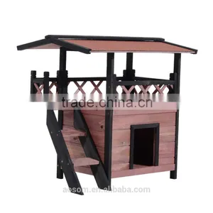PawHut 2-Story Wood Indoor/Outdoor Cat House -Brown thumbnail-3