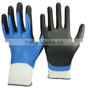 NMSAFETY EN388 3121 13 Gauge Knit Nylon Liner Double Coated Blue and Black Foam Nitrile on Palm Safety Work Gloves thumbnail-1