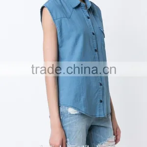 New Arrival 100%cotton Women Sleeveless Denim Shirts Customized thumbnail-1