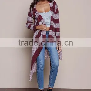 MGOO OEM Custom Burgundy Fringe Cardigan Mohair Striped Outwear Koreas Style Tassels Asymmetric Sweaters thumbnail-6