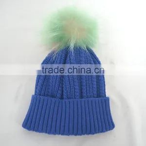 Myfur Wholesale Adults Size Wool Cable Knitting Beanie Hat With Colorful Raccoon Fur Pom Pom thumbnail-5