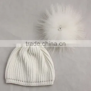 Myfur Baby Knitted Beanie Hat With Removable White Raccoon Fur Pom Poms Wholesale thumbnail-5