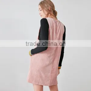 V Neck Pink Dyed Corduroy Front Pockets Sleeveless Vest Dress for Girl thumbnail-4