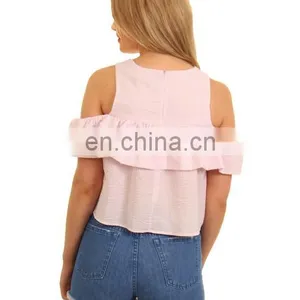 2017 Summer Style Pink Cold Shoulder Frill Top thumbnail-3