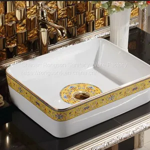 China Ceramic Bathroom Sanitary Ware Rectangle Single Hole Golden Art Luxury Table Top Wash Art Basin thumbnail-4
