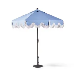 Customized Logo 7FT Luxury Tassel Fringe Beach Umbrellas Wholesale Outdoor Patio Umbrella Aluminum Pole Tilt Mechanism Hand-cranked Model thumbnail-5