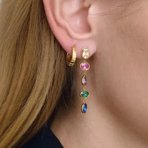 Luxury Long Drop Earrings Gold Plated Stainless Steel Cubic Zirconia Dangle Earrings Elegant Women Jewelry thumbnail-4