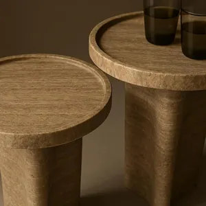 High Quality Nice Design Travertine Coffee Table With Cylindrical Base | Minimalist Marble Side Table for Modern Living Room thumbnail-1