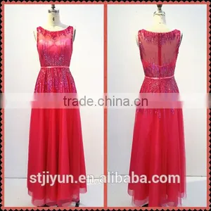 Red Sleeveless Chaozhou Beaded Long Evening Dress thumbnail-1