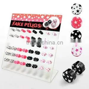 Display With 48 Pcs. of Acrylic Illusion Fake Plugs With Cute Multi Star Design - Size 6mm - 8mm thumbnail-1