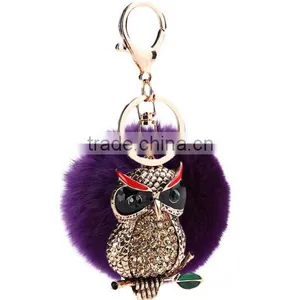 Factory High Quality Rhinestone Enamel Owl Keychain With Plush Ball thumbnail-1
