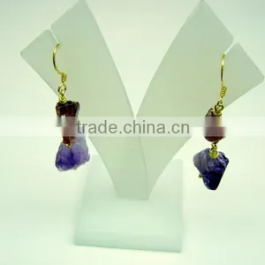 Amethyst & Garnet Raw Gemstone Dangler 925 Sterling Silver Earring Jewelry, Rough Gemstone Dangle Earring thumbnail-2