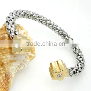 Trendy Women Two Tone Stainless Steel Cuff Bracelet Crystal Flower Bangle Jewelry thumbnail-2