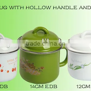 Big Size Enamel Cup With Hollow Handle and Lid Enamel Mug thumbnail-1