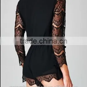 2015 New Stylish Sexy Ladies Deep V Neck Open Front Romper Playsuit Lace Sleeve Short Jumpsuit thumbnail-5