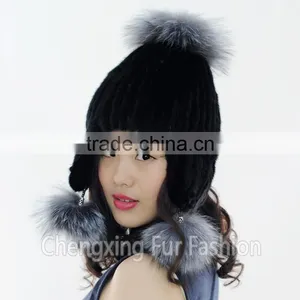 CX-C-42A Hand Knitted Mink/ Silver Fox Fur Pom Pom Hot Sale Lady Hat Wholesale thumbnail-1
