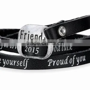 Hot Sale 2015 Leather Wrap Bracelet Custom Logo Letter Words Hand-stamped Leather Bracelet CZ Stone Pave Leather Wrap Bracelet thumbnail-4